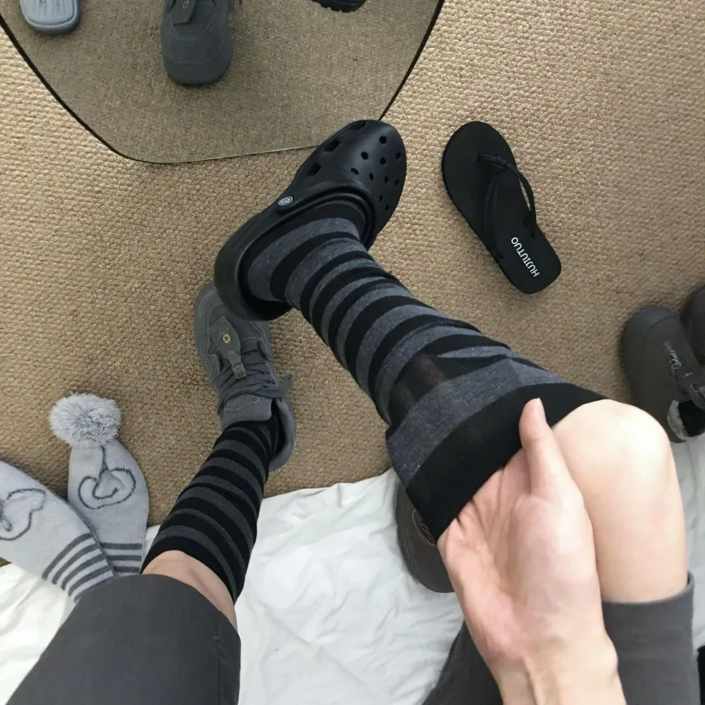 Black Gray Striped Thigh High Socks for Women Fall Color Block Patchwork Long Socks INS Unique Versatile Spliced Socks for Girl