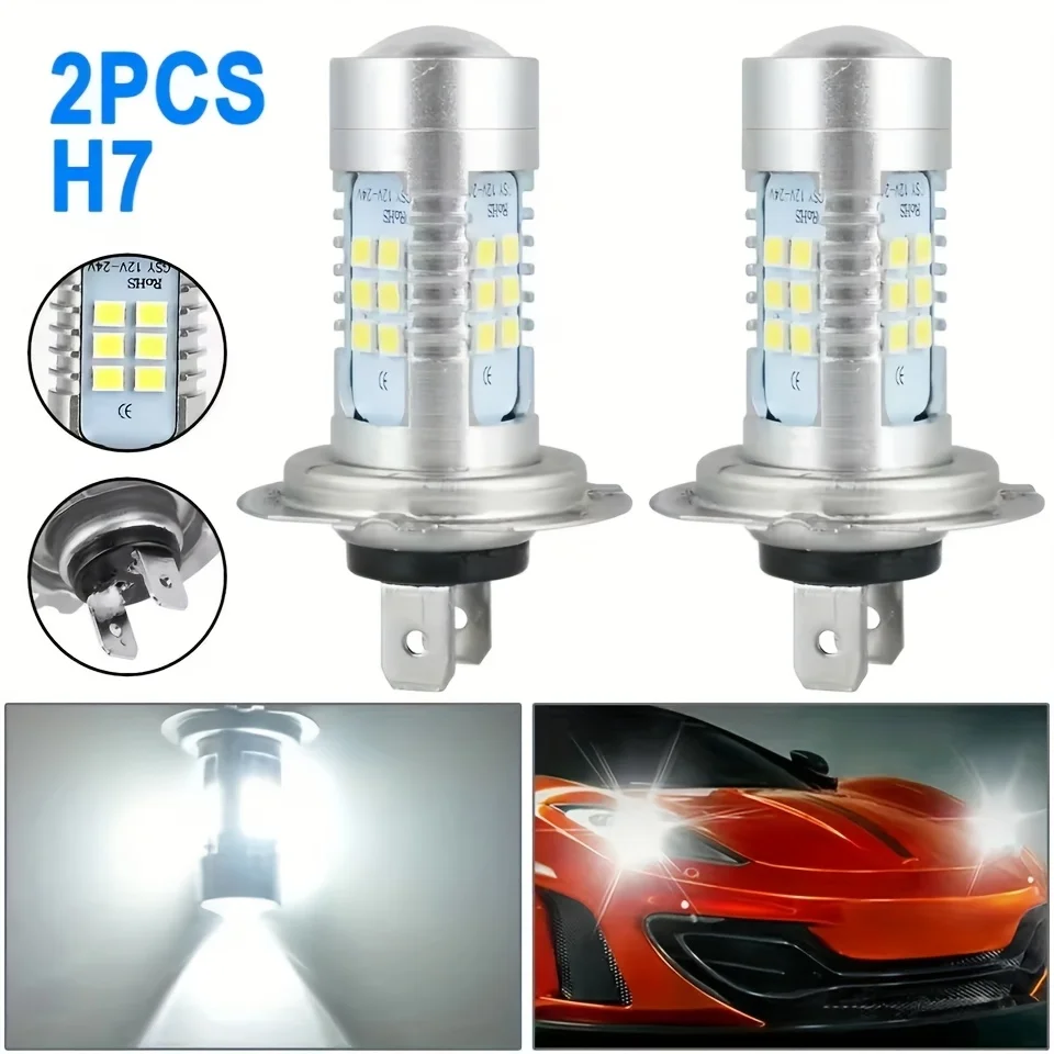 2pcs H7 LED Bulbs High/Low Beam & Fog with Automatic DRL - Plug & Play, 21SMD 2835 LEDs, 12V/24V Compatible for, Bright Vehicl