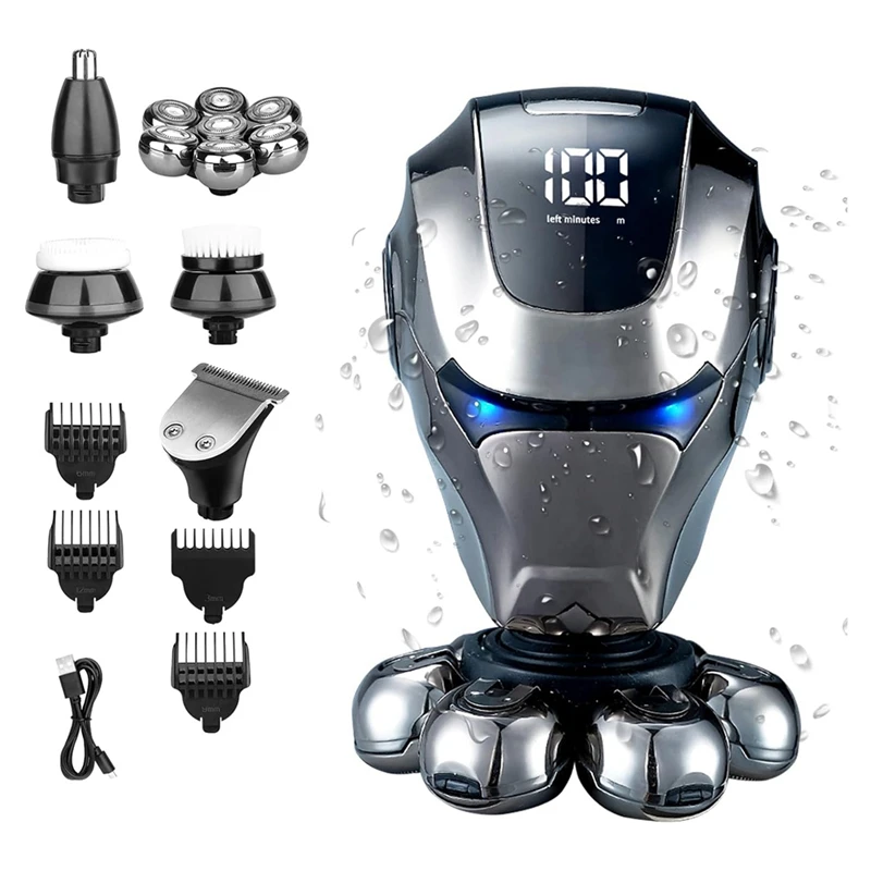 

Electric Head Shaver,5 In 1 Head Shaver With Nose Hair, Sideburns Trimmer,Face Brush 7D Rotary Shaver With LED Display Durable