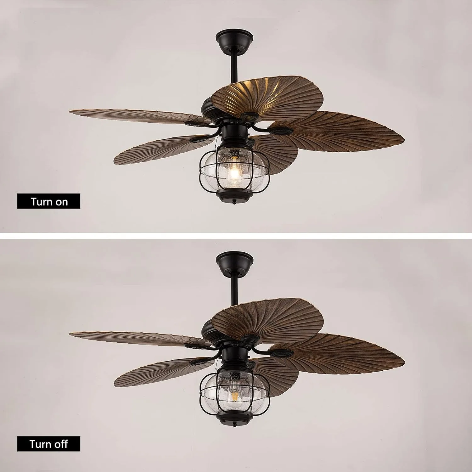 52 Inch Tropical Ceiling Fan Light with Remote Control,5 Palm Wooden Reversible Blades 3 Speed Glass Lampshade