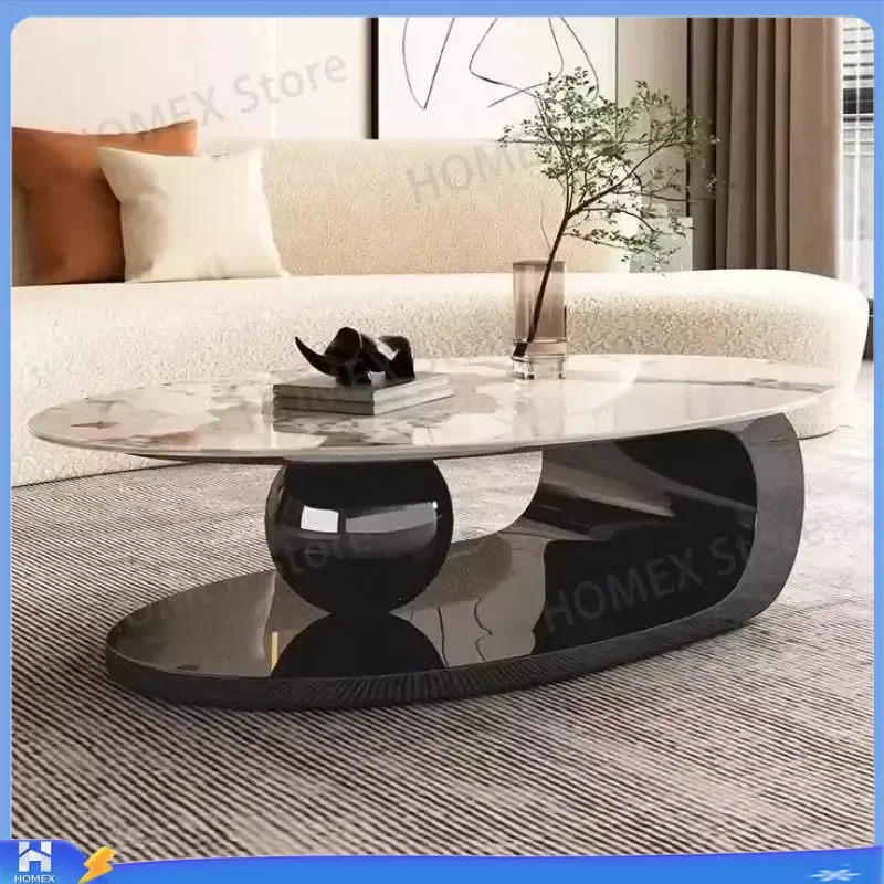 Italian Luxury Oval Sintered Stone Coffee Table Modern Minimalist Metal Base Wear Resistant Slate Tea Table Designer Living