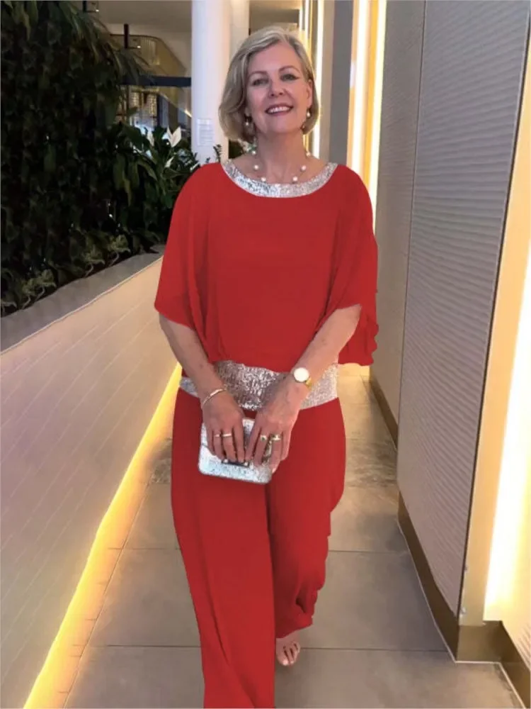 夏の最新ファッション エレガントなレディースシフォンセット ラウンドネック スパンコール カラーバットシャツ ワイドレッグパンツセット 秋のファッション ツーピースセット