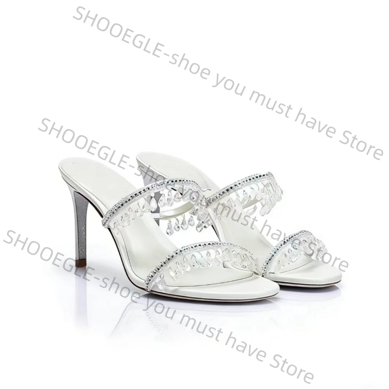 Women Leather Peep-Toe Stiletto Heel Mules Crystal Fringe Detail Elegant Design Classic Wedding Party Luxurious Ladies Slippers