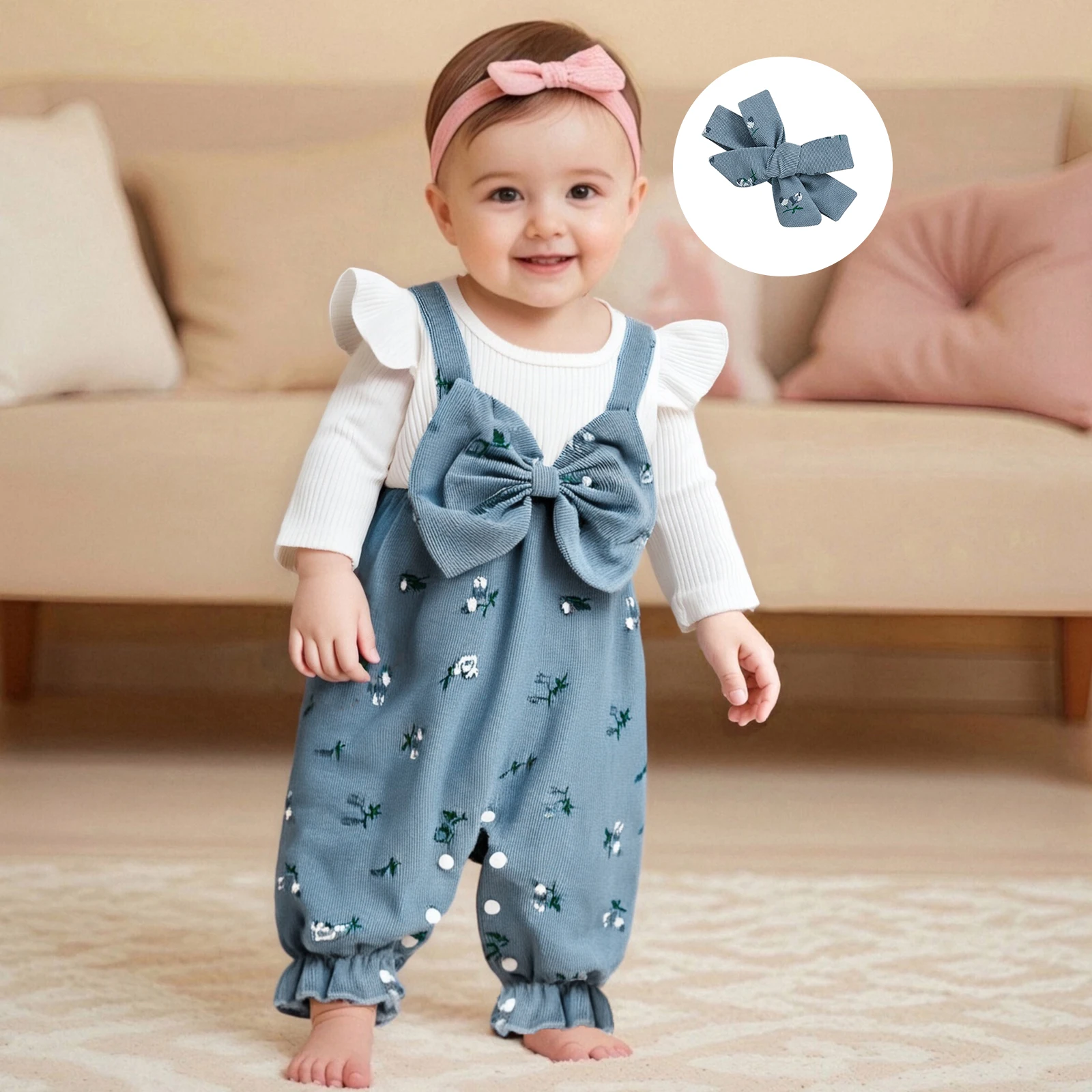 2026 ربيع جديد فتيات صغيرات يتدربن على المشي كم طويل رومبير الأزهار طباعة وهمية قطعتين المرقعة القوس حللا ومجموعة عصابات رأس لطيف #5