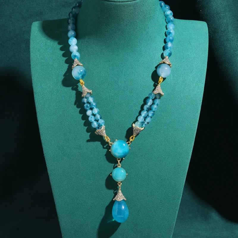 

Vintage Blue Water Droplet Glaze Beads Necklace Jewelry Woman Beach Luxury Quality Designer Retro Gift Daily 2025 Trends New