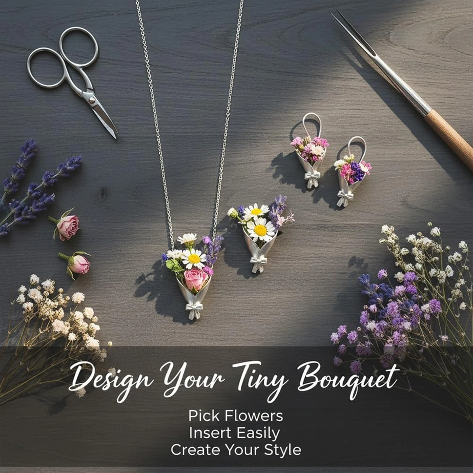 Flower Bouquet Clip Pendant Necklace Earrings With Gift Card Female Choker Clavicle Chain Earrings Insert Your Own Real Plants
