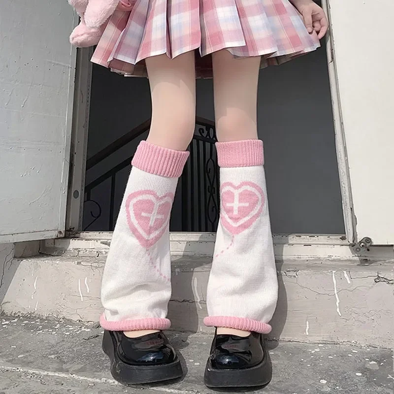 Japanese Jk Anime Heart Cross Knit Socks Two Side Bellmouth Leg Warmers Lolita Women Punk Harajuku Long Socks Y2k Accessories