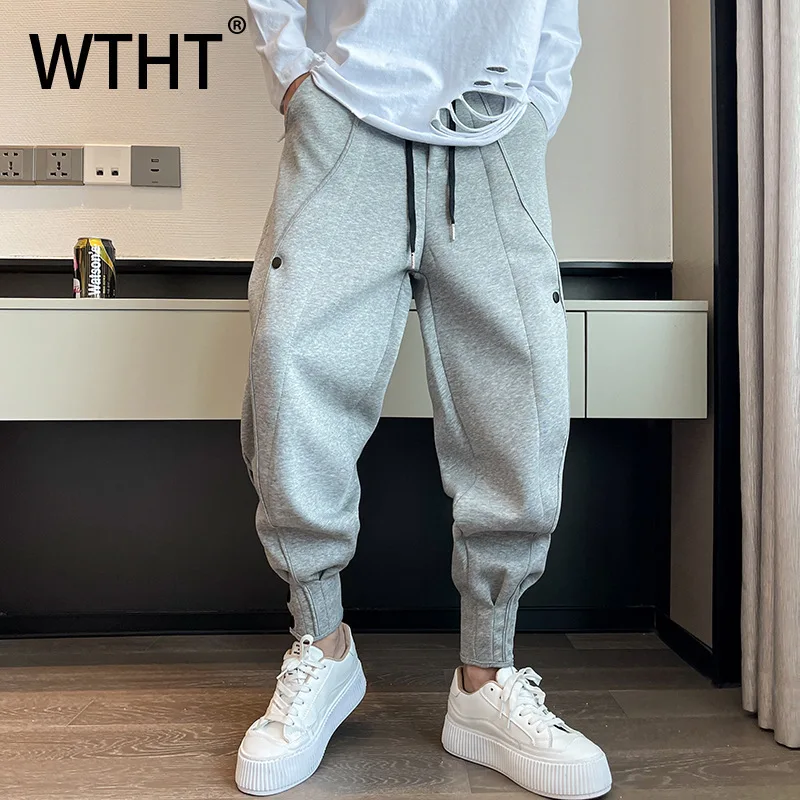 

WTHT модные мужские однотонные лоскутные свободные брюки, модные осенние брюки 2023, эластичные повседневные брюки с высокой талией и рисунком, мужские 2A1989