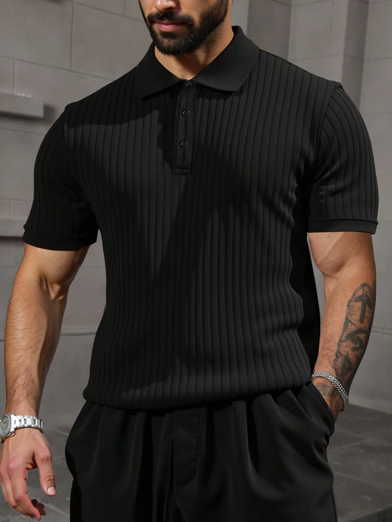 

Men's Solid Black Ribbed Short Sleeve Casual Polo Shirt