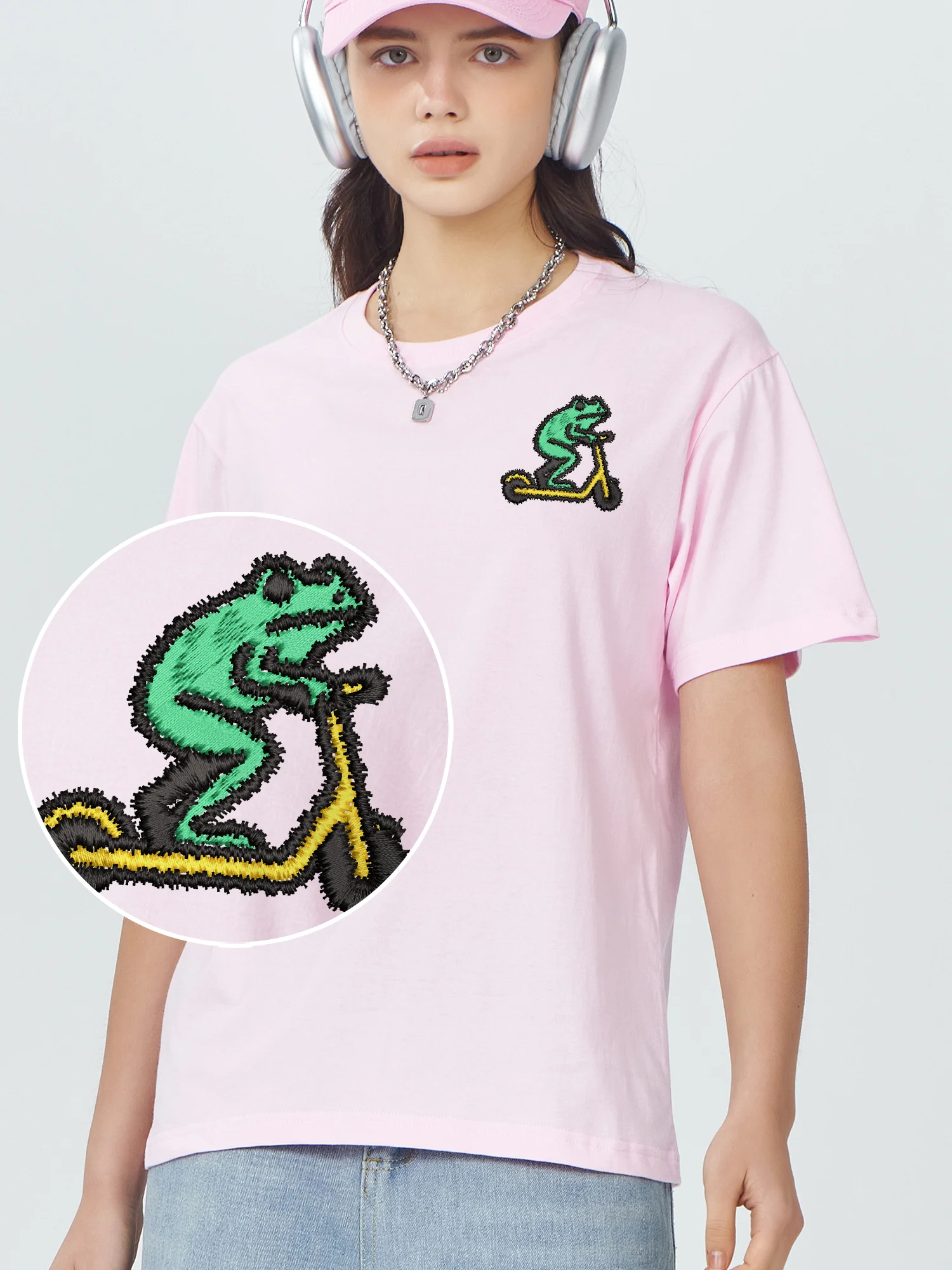 Riding Scooter Frog Embroidered Short Sleeve Cotton Comfort Oversized T Shirt For Men Women Embroidery Tops