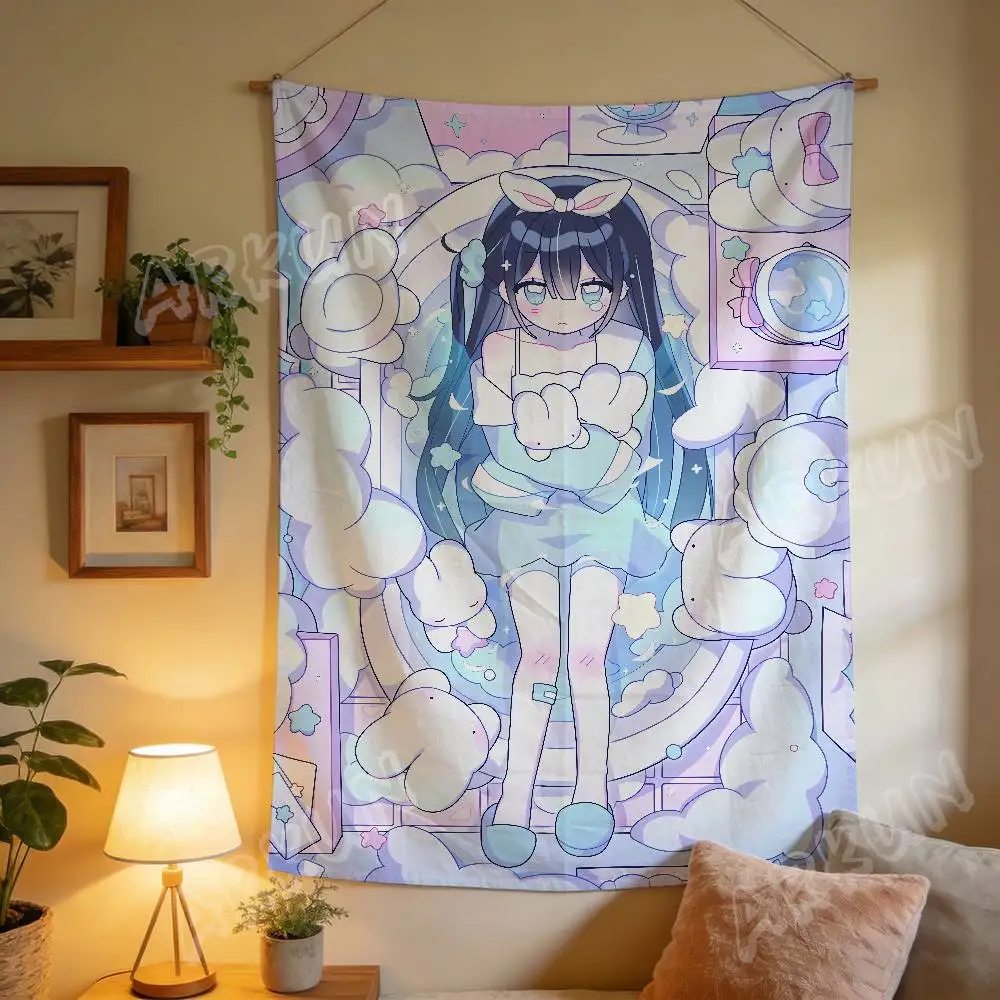 Pastel Blue Kawaii Anime Girl Tapestry, Cute Bunny Ear Manga Character Wall Hanging Dreamy Cloud Bear Print Wall Bedroom Decor