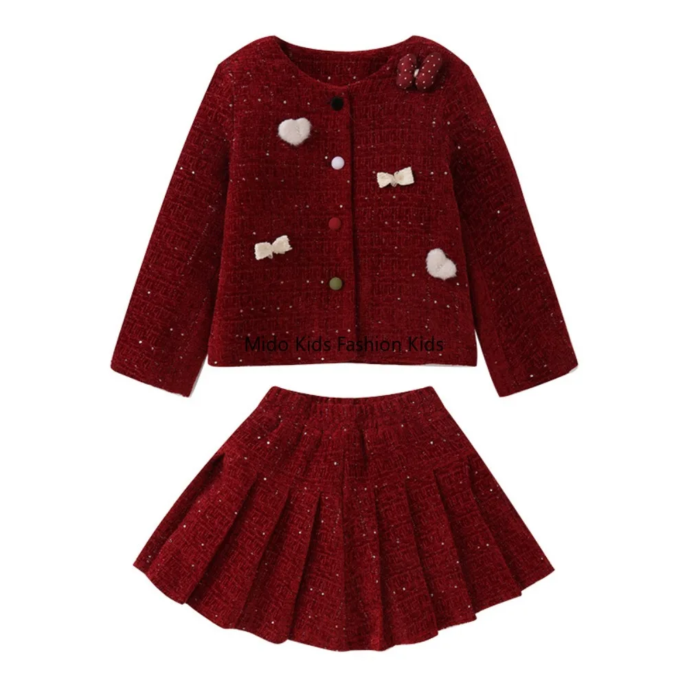 New Winter Cotton-padded French Dress for Girls, A Two-piece Thick Red Dress for Girls 120-170cm