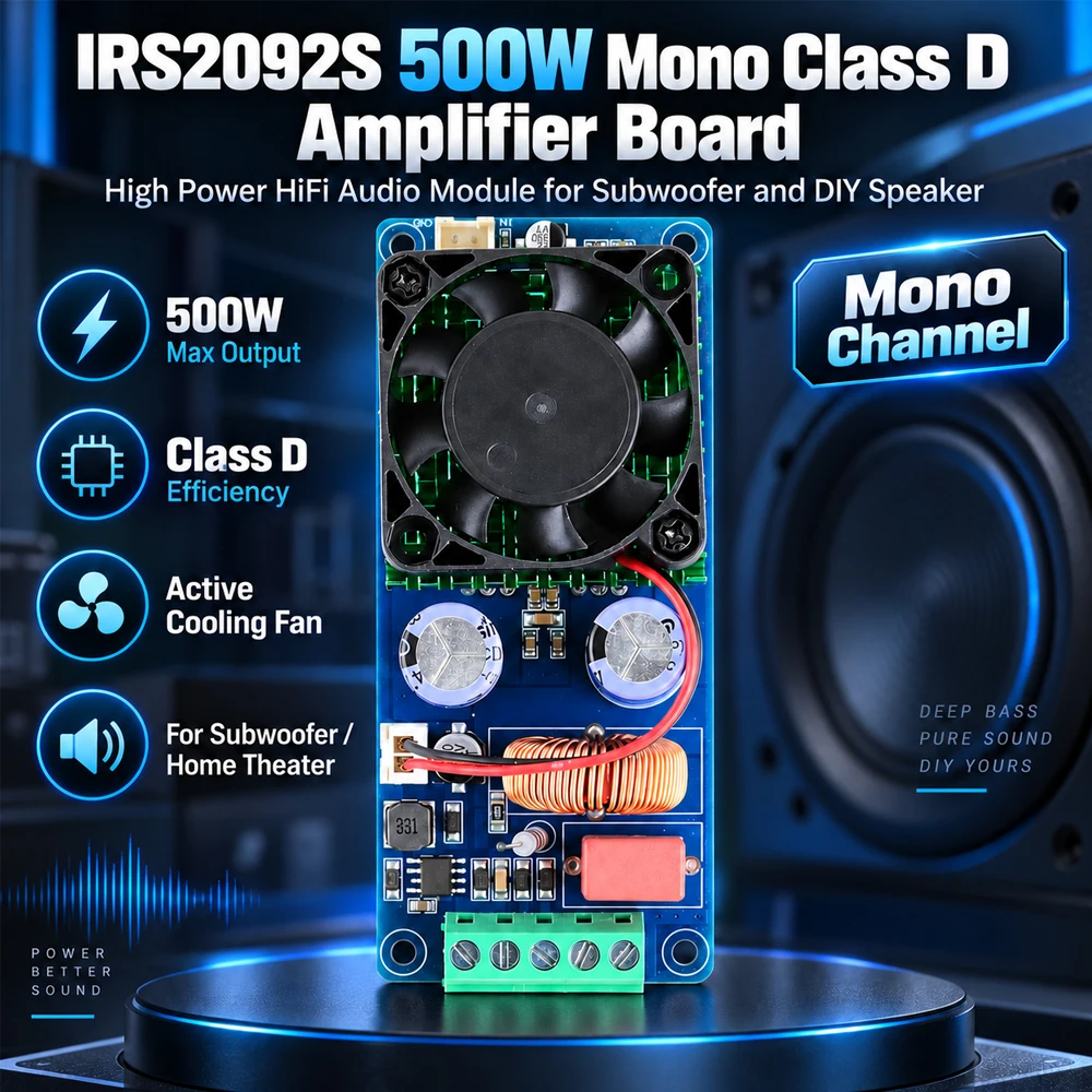 IRS2092S 500W Mono Class D Power Amplifier Board High Power HiFi Audio Amp Module for Subwoofer Home Theater DIY Speaker