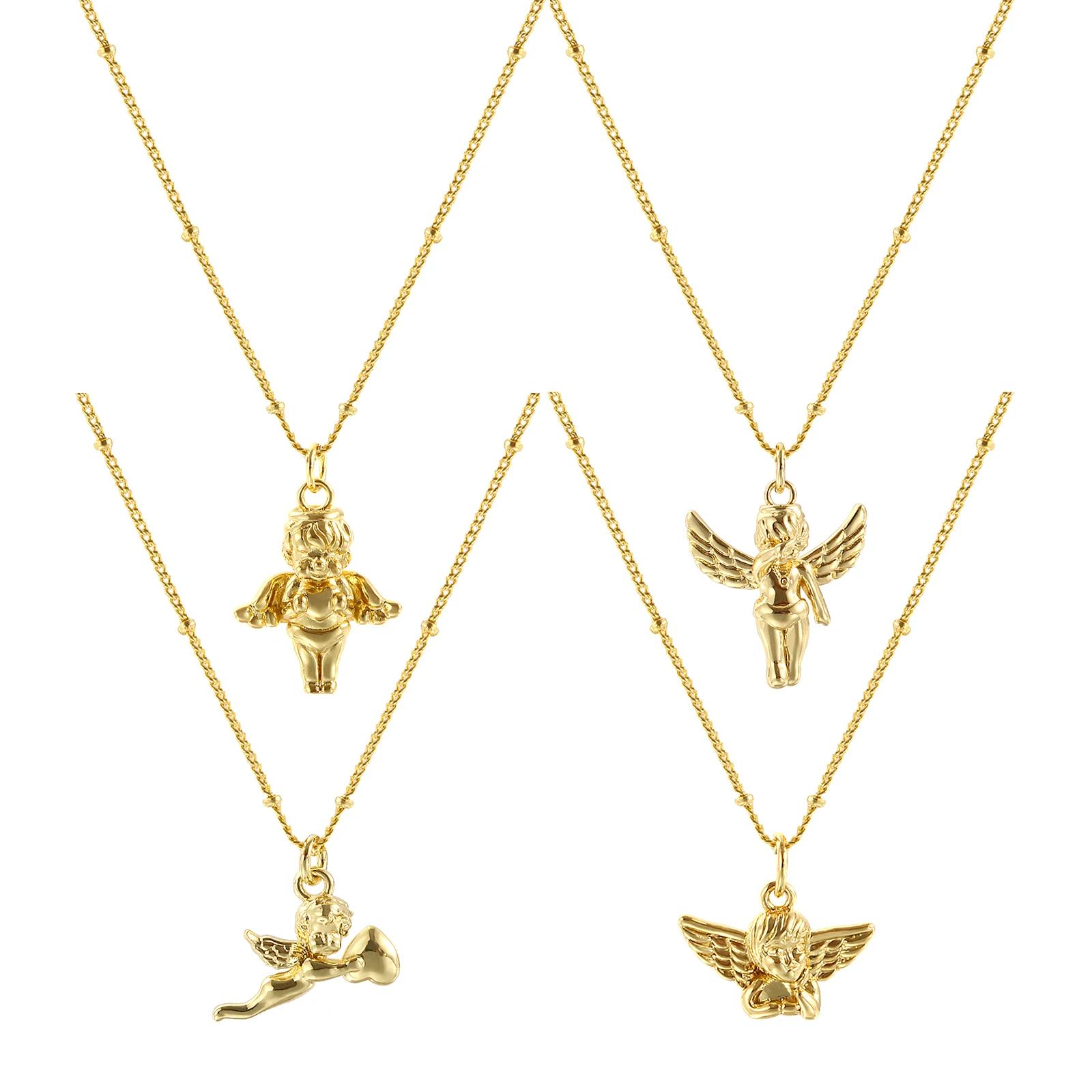 1Piece Fashion 3D Angel Pendant Necklace 18K Real Gold Plated Brass Curb Link Chain Retro For Women Jewelry Gift 45cm + 5cm Long