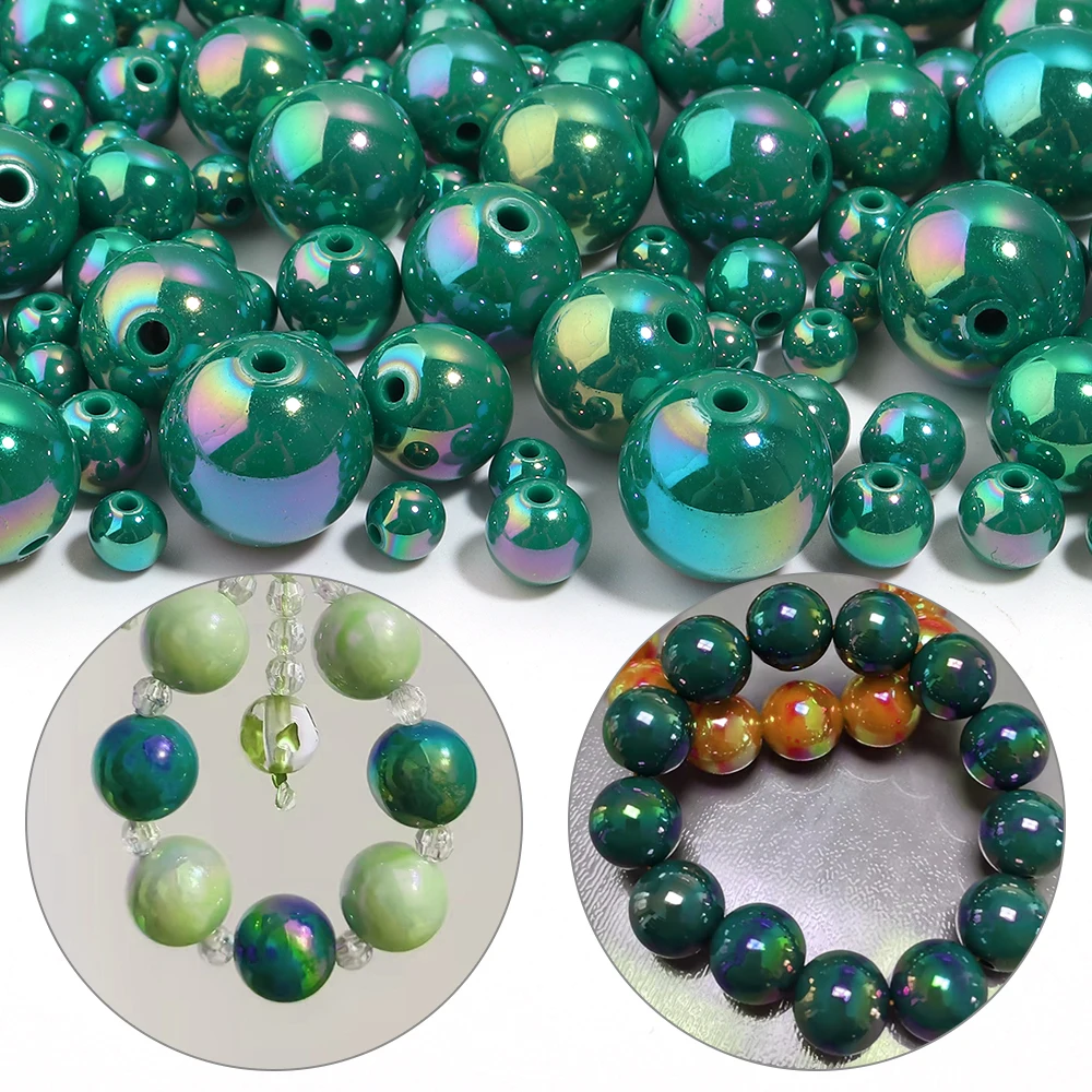 20-200pcs  UV AB Plated Round Acrylic Beads Dark Green Loose Spacer Beads DIY Bracelet Necklace Jewelry Making Accessories