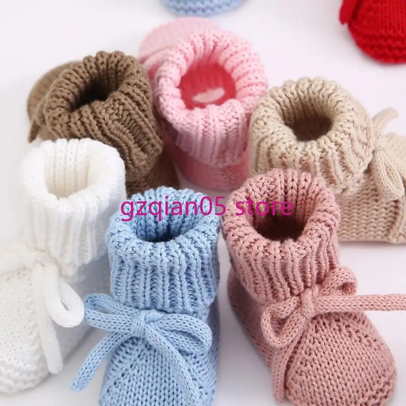

N7ME Cotton Knit Baby Booties First Walkers Nonslip Bottom And Adjustable Bowknot Tie Laces Detail For Infant Boys Girls