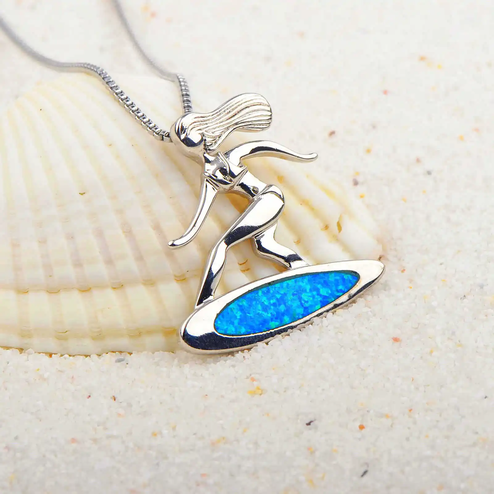 قلادة سيرفر للنساء، قلادة فضية ديناميكية مع أوبال صناعية زرقاء، هدية مجوهرات ركوب الأمواج بسيطة لمحبي الشاطئ