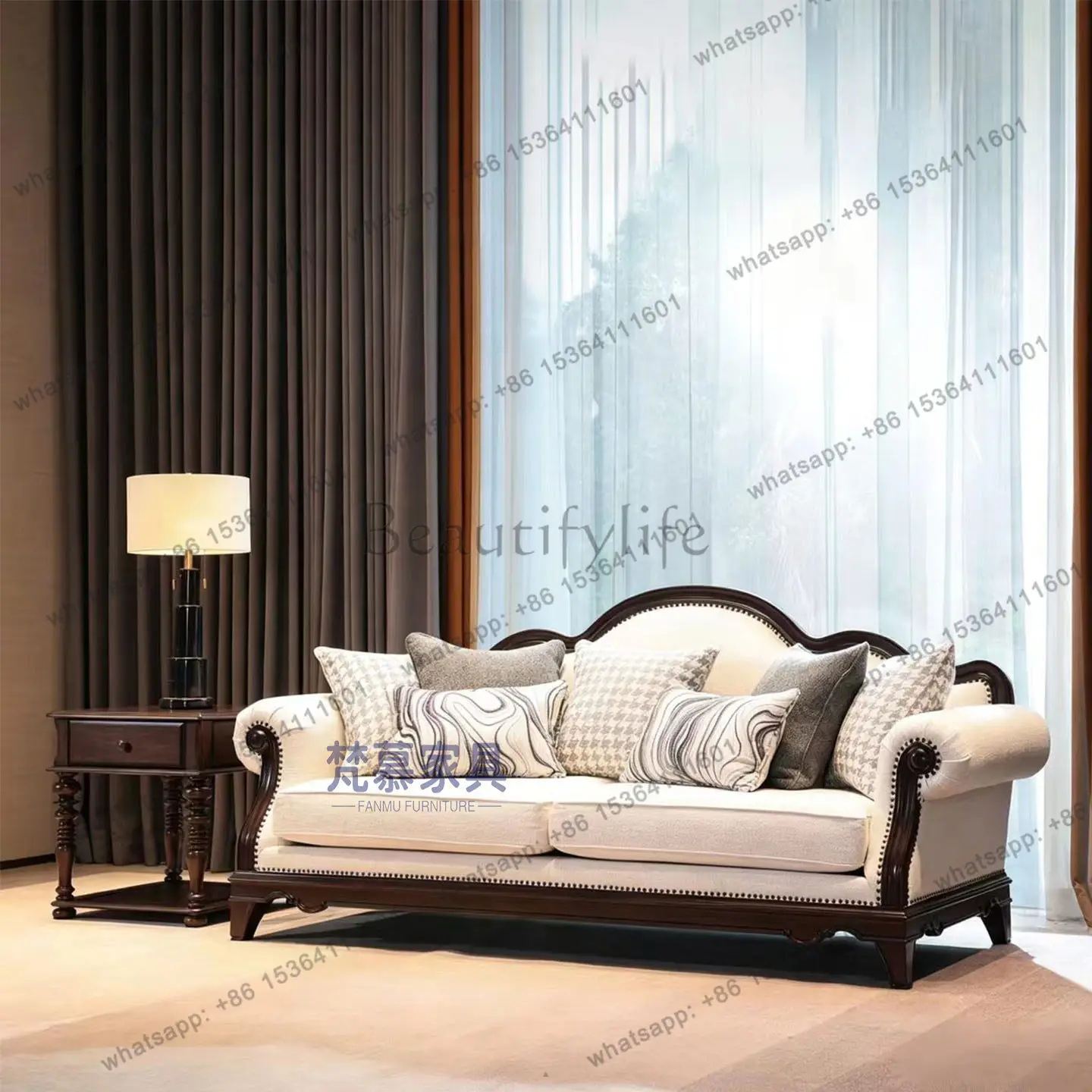 American rural retro solid wood sofa living room modern simple three-person fabric sofa