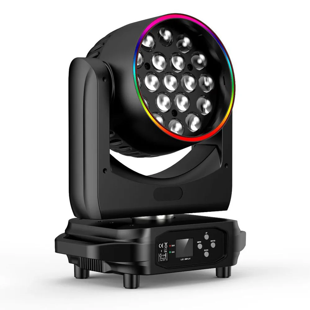 

Новое сценическое освещение RGBW 19x15 Вт зум светодиодные промывочные движущиеся головные фонари с полосовым кольцом для аренды театра на сцене