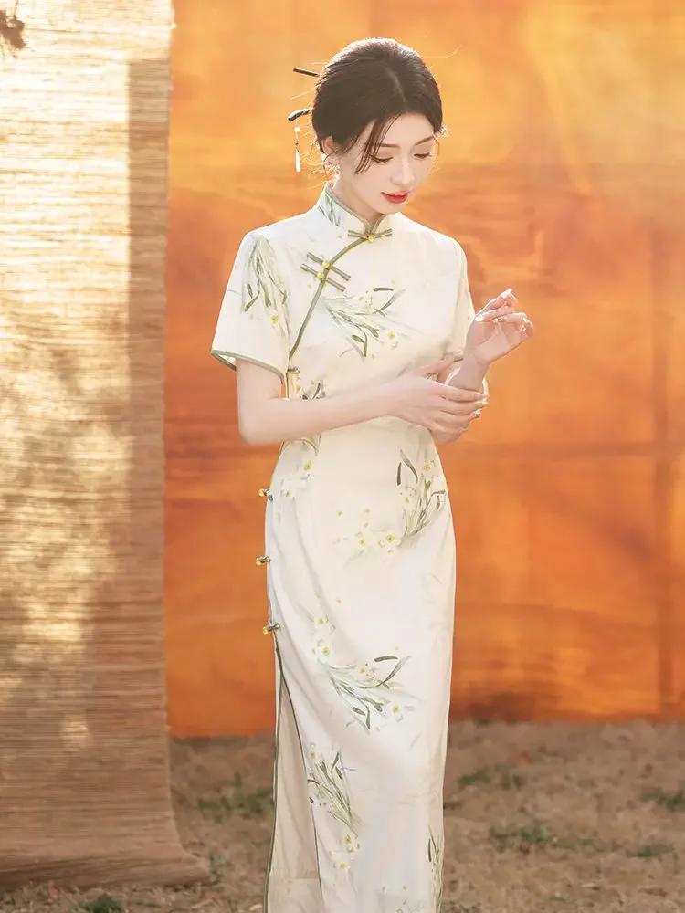 

New Chinese Cheongsam 2025 New Daily Wear Summer Young Style Improved Girl Elegant Printed Long Qipao Dress