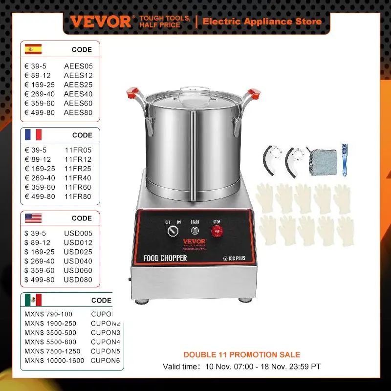 VEVOR Food Processor & Vegetable Chopper 16 Quart1400W Food-Grade Stainless Steel Food Processor Chopper 