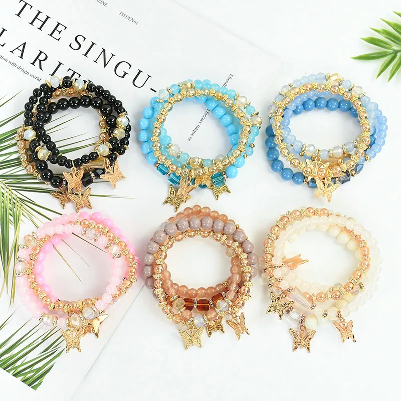 Charm DIY Four-piece Bangle Fashion Colorful Beads Chains Butterfly Hand Chain Lady Crystal Beads Chains Trendy Jewelry Pendants