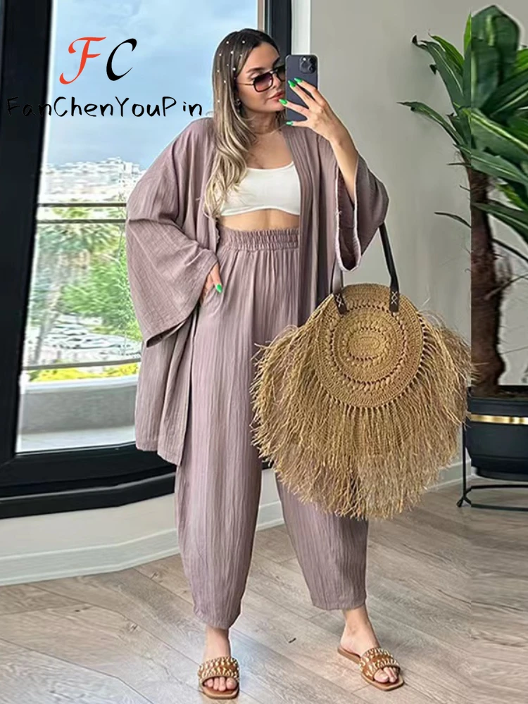 Women\'s Sets 2024 Spring Summer Casual Oversize Flare Sleeve Cardigan Loose High Waist Ankle-Length Pants Cotton 2-pieces Suit