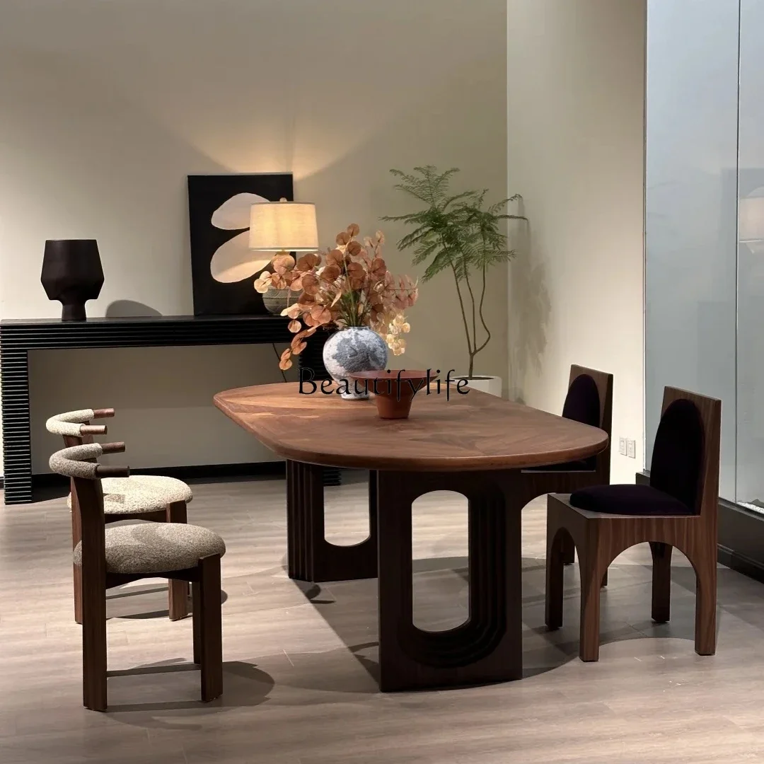 

yj7 Black walnut wabi wind solid wood dining table designer simple negotiation oval table workbench