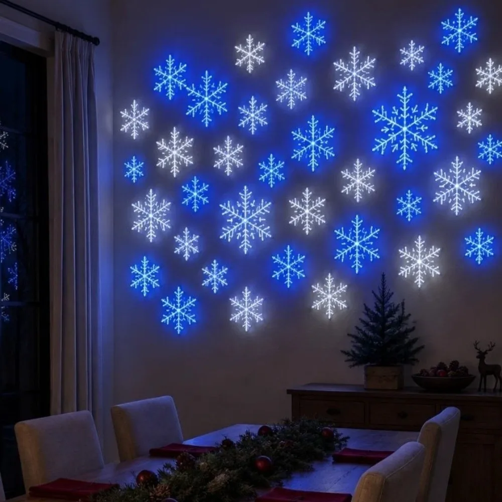 12Pcs Plastic Led Snowflake Wall Lights White Snowflake Long Lasting Light Up Snowflake Ornament Colorful Lights Hollow Pattern