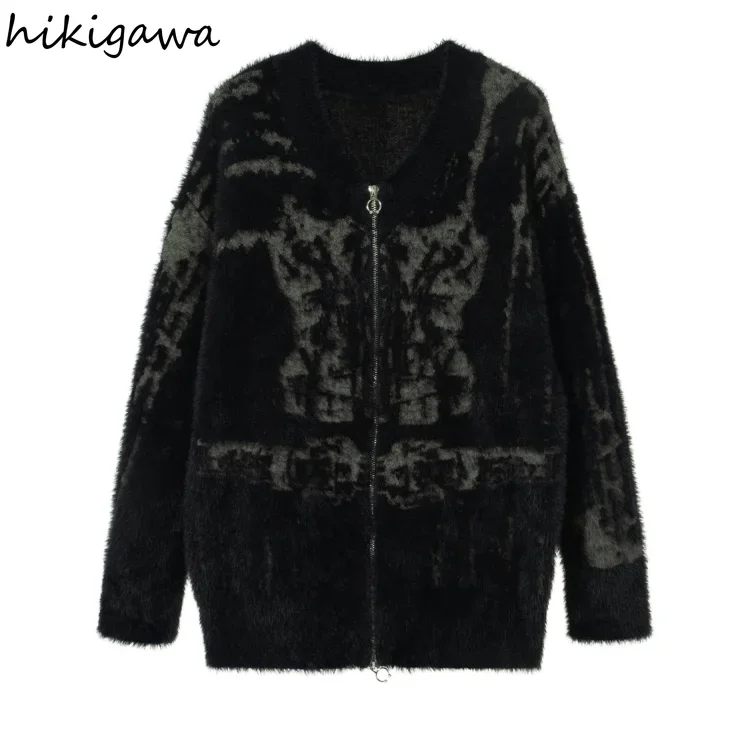 Harajuku Cardigan Coat for Women Fashion Black Gothic Clothes Pull Femme Y2k Tops Casual Zipper Korean Knitted Oversized Sweater