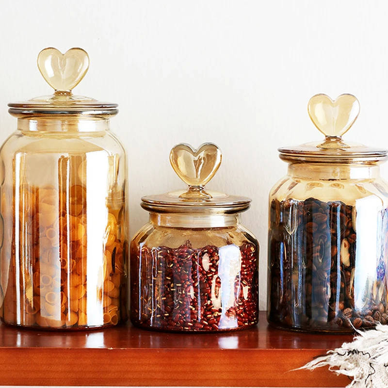 Amber Glass Sealed Jar Storage Bottle Transparent Heart-shaped Lid Coffee Bean Dried Fruit Home Kitchen