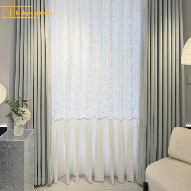 Sea Salt Blue Jacquard Chenille Cotton Linen Curtains for Living Room Bedroom French Window Embroidered Window White Gauze