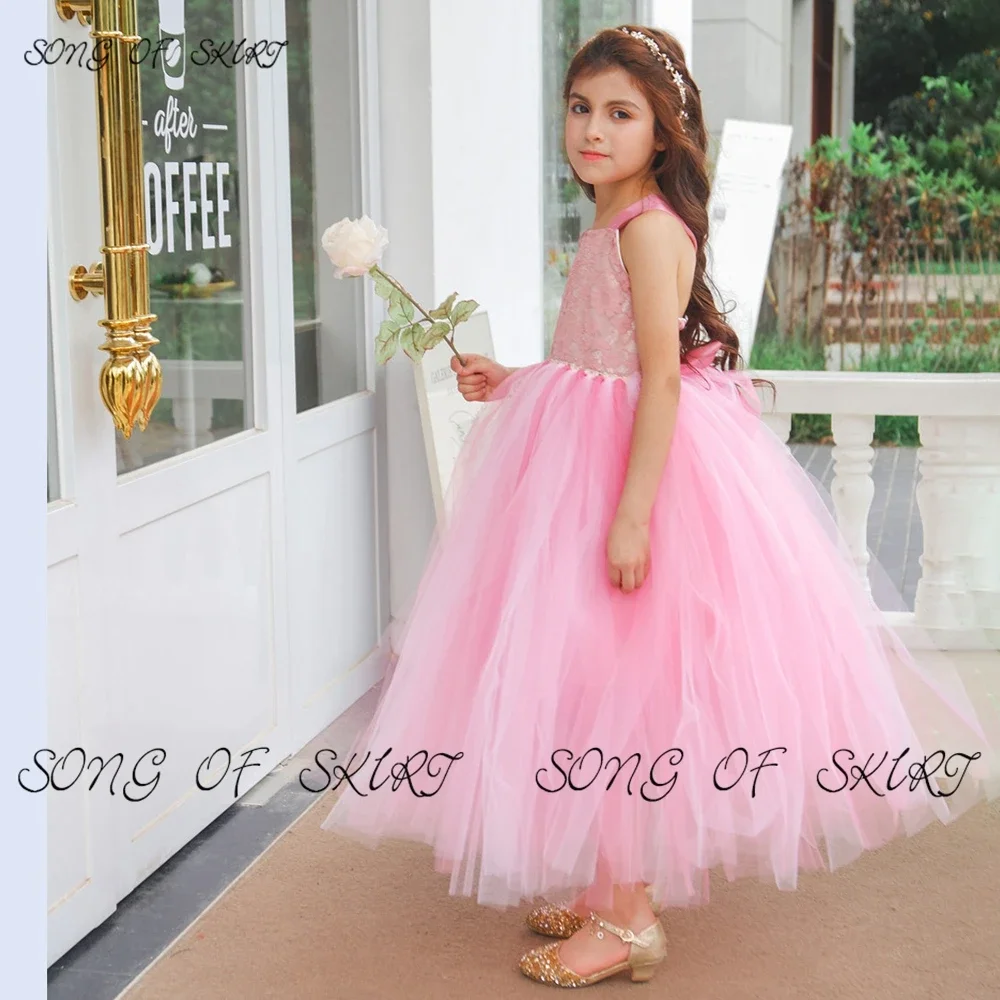 Pink Tulle Princess Wedding Flower Girl Dresses Sleeveless Tea-length Show Skirt Applique Suspenders Birthday Party 