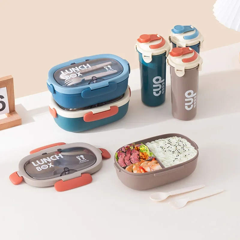 3-Fächer-Lunchbox für Studenten mit auslaufsicherem Cultery-Deckel, für Schule, Picknick, Camping, Lebensmittel, Snacks, Obstbehälter, Bento-Box, Tassenset