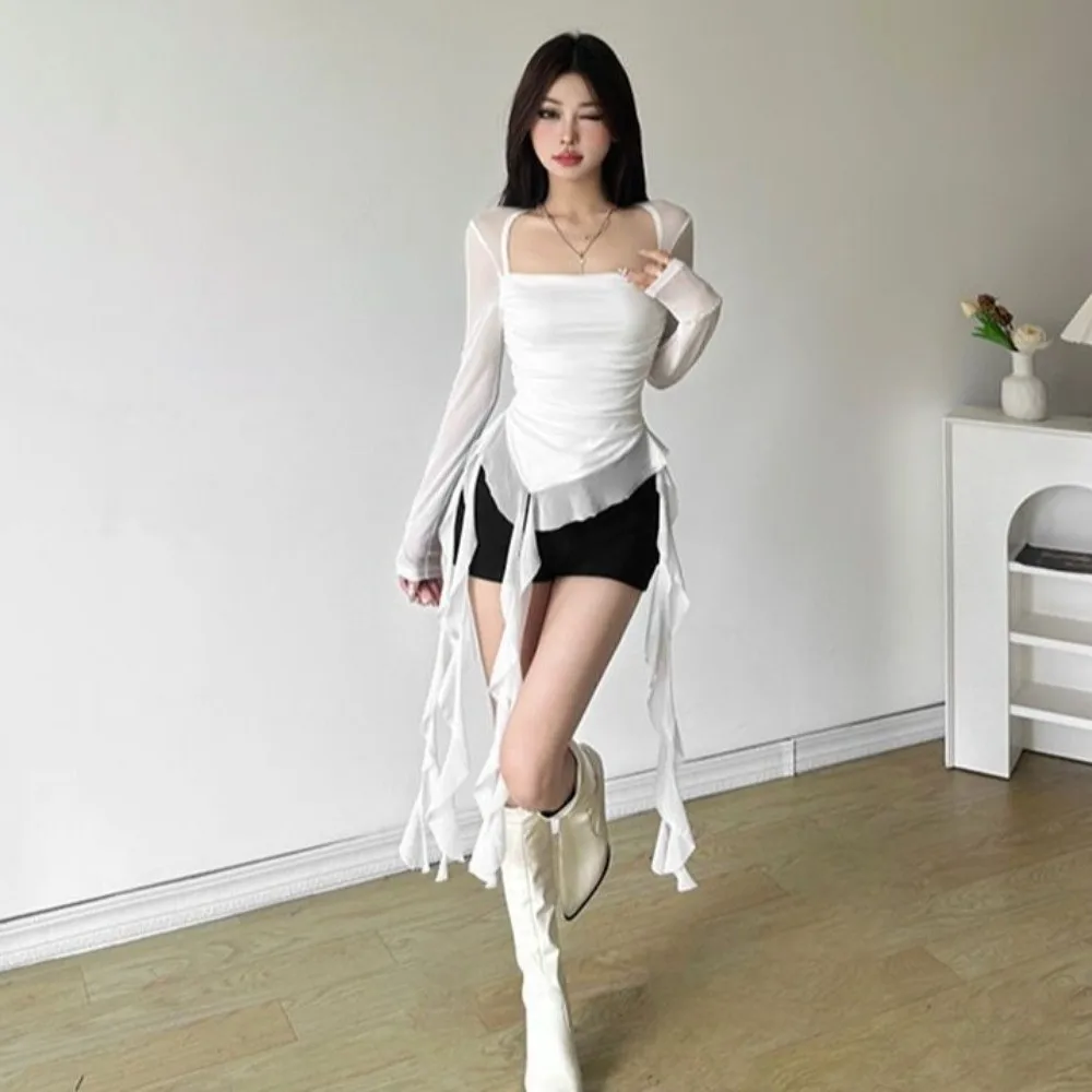 Streetwear Quallen-Mesh-Gürtel T-Shirt Elfen-Langarmshirt mit Plissiertem Kragen, Schmal Geschnittenes Crop-Top, Transparent, Außergewöhnlich – Detail 4