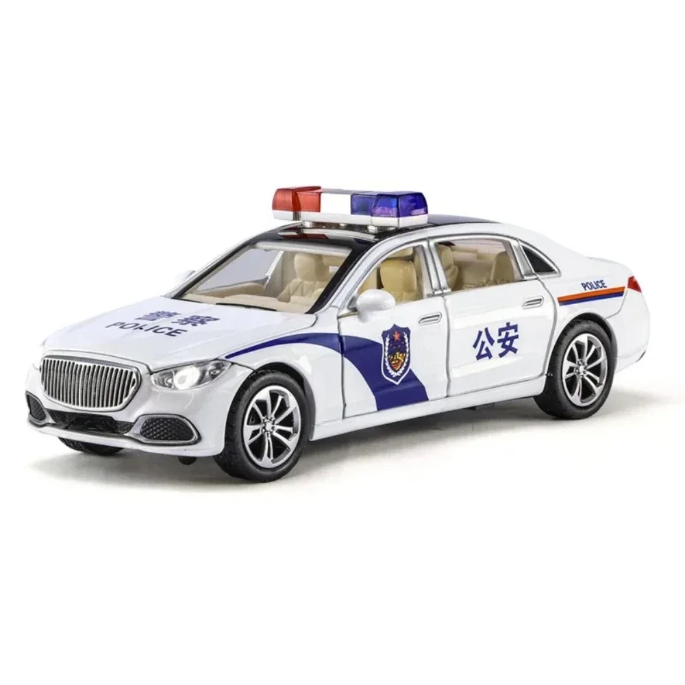 Carro de polícia para crianças, modelo de liga, portas abertas com luz sonora, coleção pull back, presentes de brinquedo, escala 1/32, S680