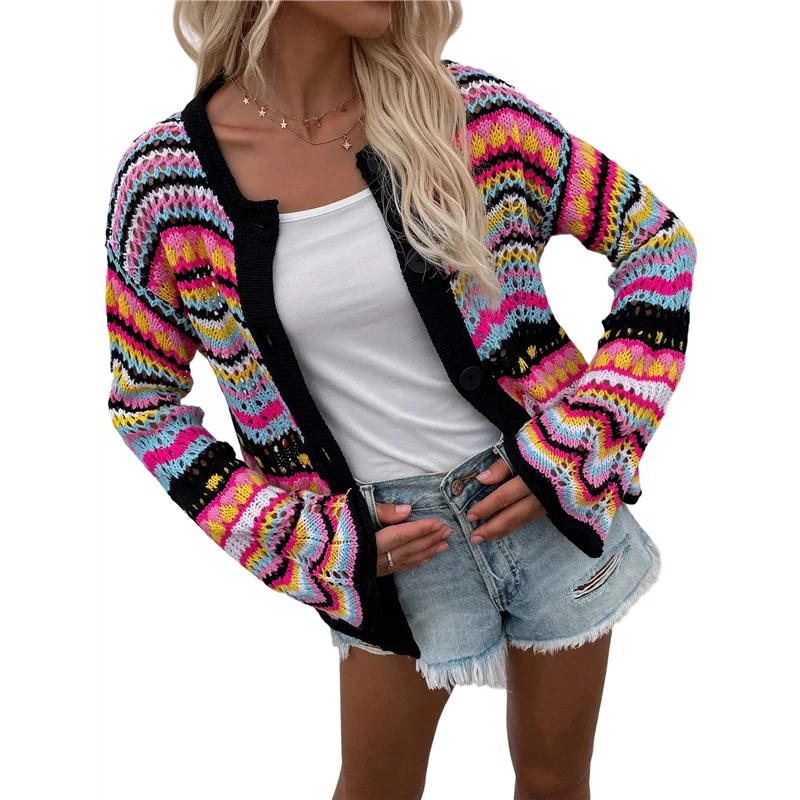 

TKOH-Женский разноцветный полосатый вязаный крючком кардиган с круглым вырезом и расклешенными рукавами на пуговицах Y2K свитер пальто