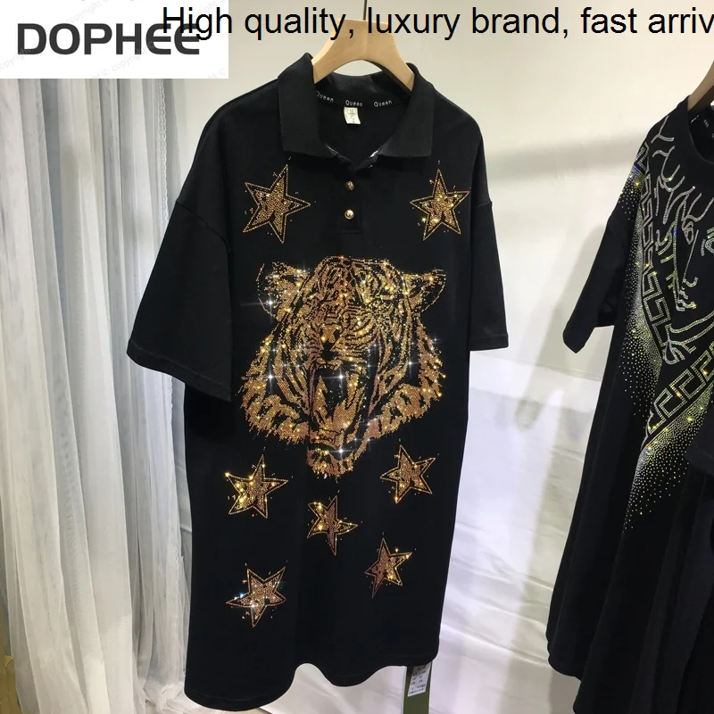 

Drilling Trendy Hot Women Tshirts 2023 New Summer Loose Turn-down Collar Black Tiger Tees Mid-long Short Sleeve Straight Dresses