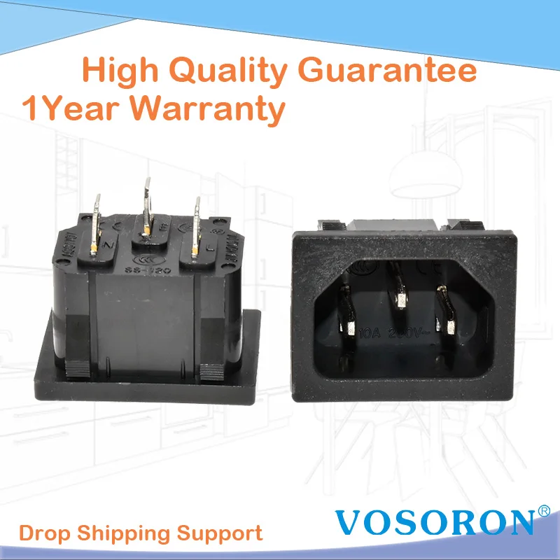 1PCS IEC 320 C14 Panel Mount Plug Adapter AC 250V 10A 3 Pins IEC Inlet Plug Power Connector Socket Straight 