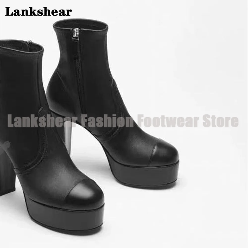 Platform Chunky Heel Ankle Boots Side Zipper Designer Style Booties Round Toe Women's High Increase Shoes Botas Mujer