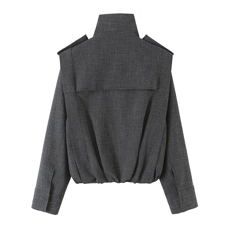 YENKYE Women Dark Gray Side Zipper Er Jacket Long Sleeve Shoulder Tabs Casual Vintage Outerwear Autumn Winter Daily Coat