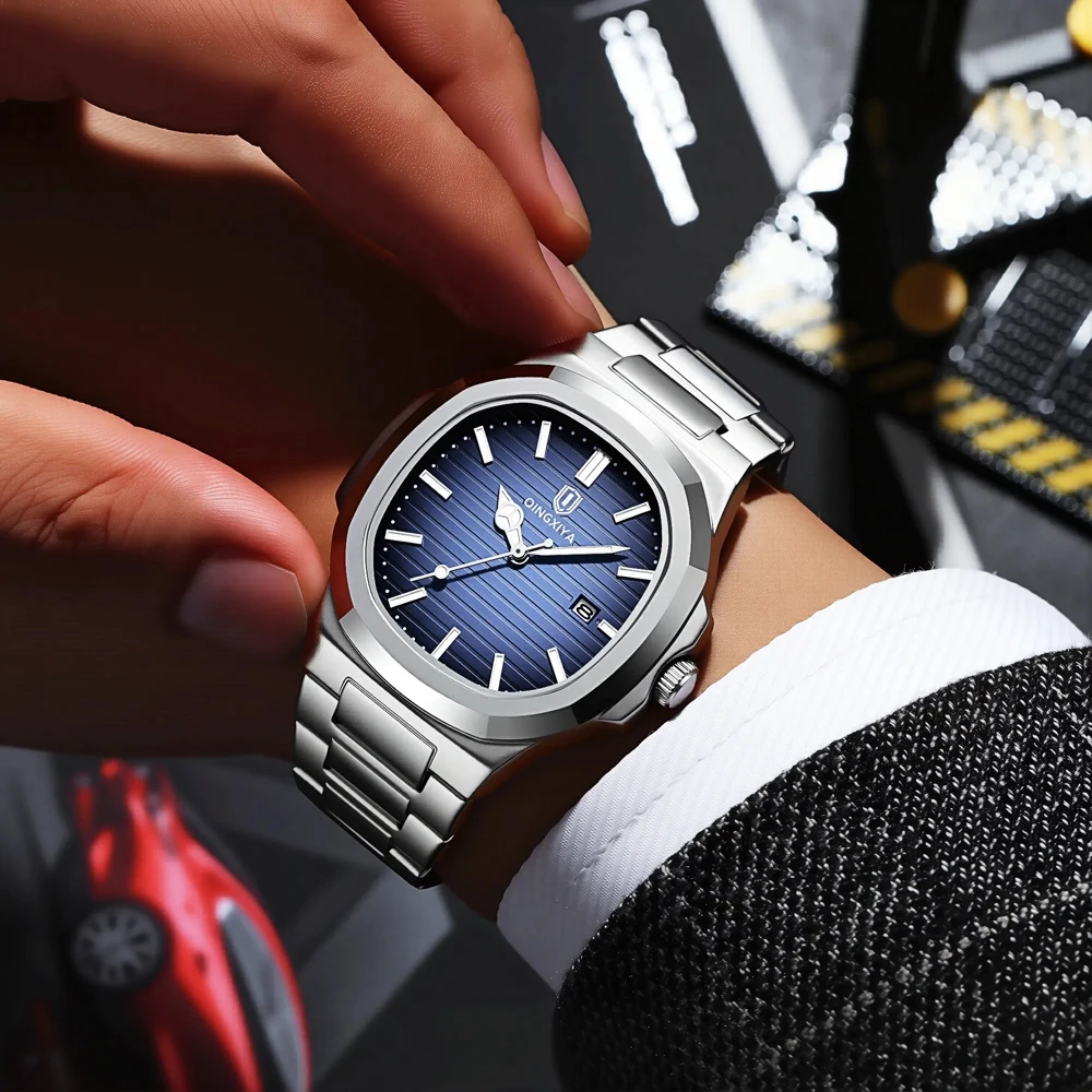 QINGXIYA Fashion Square Dial Quartz Watch for Men Stainless Steel Waterproof Luminous Date Mens Watches Top Brand Luxury Clock
