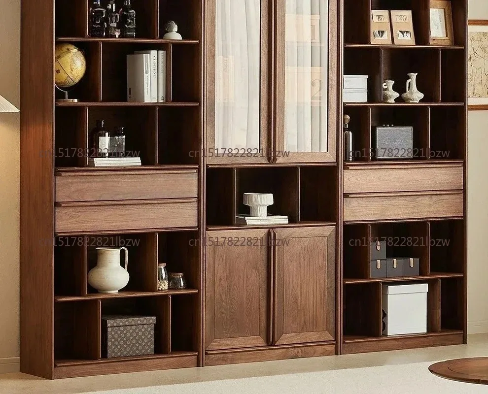 Black walnut bookcase with glass door Home living room Open storage compartment Solid wood shelf