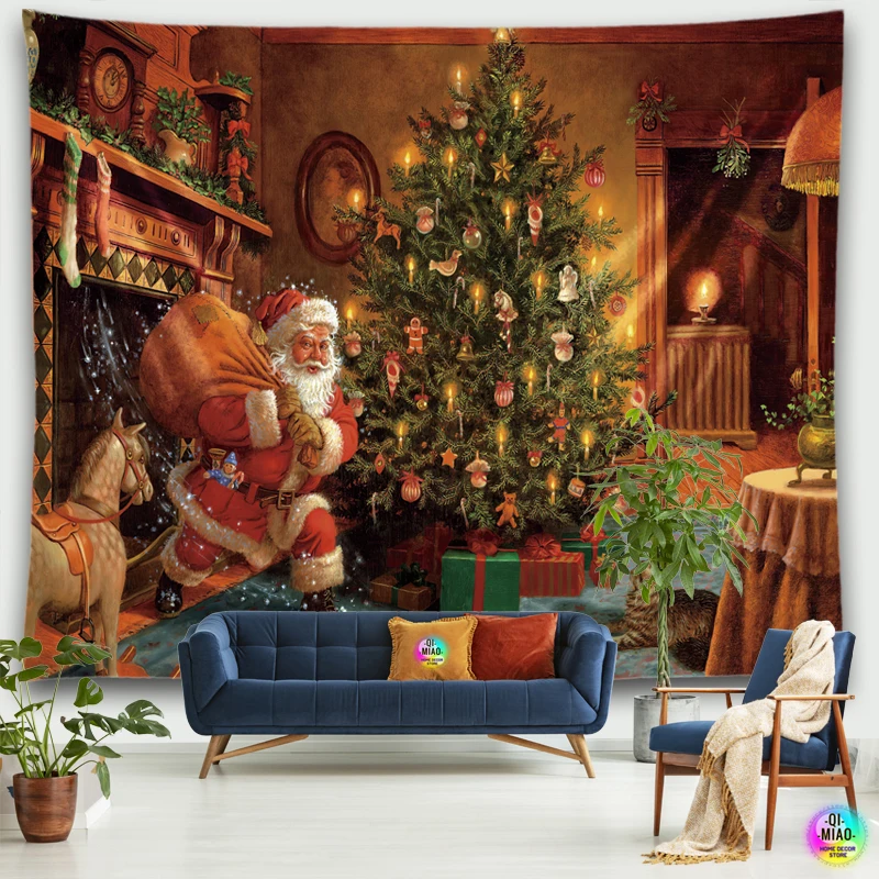 Tapiz navideño de Papá Noel colgante para chimenea, decoración del hogar, Escena de Natividad, decoración de habitación, muñeco de nieve, árbol de