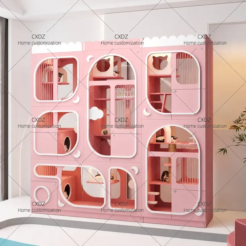 Light Luxury Double Layer Cat Cabinet with Integrated Litter Box Solid Wood Cage Double Sided Glass Display Pet Furniture