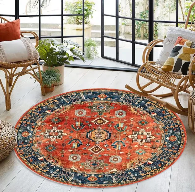 سجادة شرقية مستديرة قابلة للغسل برتقالي أزرق عتيق على الطراز الفارسي سجادة مستديرة بوهو لغرفة المعيشة ديكور المنزل