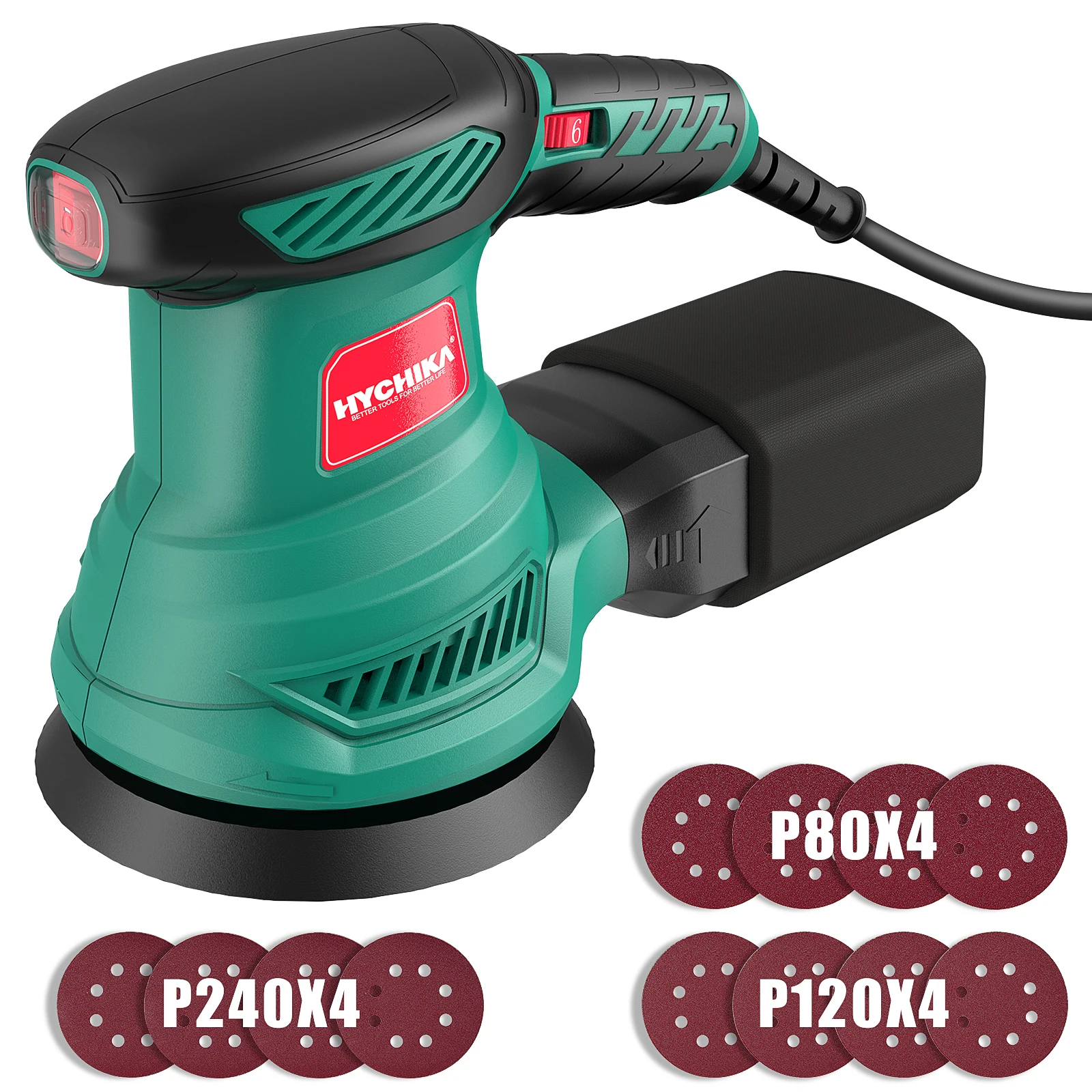 HYCHIKA 300W Random Orbital Sander with 12 Pieces Sandpaper 6 Speeds 230V Sanding Machine for Wood Metal Polishing Tools