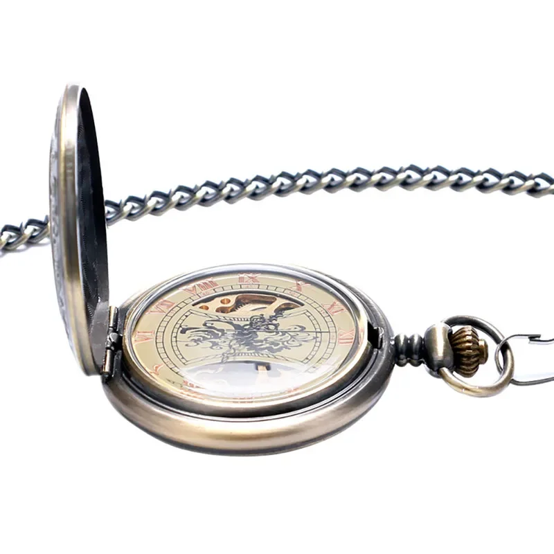 Bronze Roman Numerals Case Steampunk Pocket Watch Skeleton Mechanical Handwinding Clock with Fob Pendant Chain Gift To Men