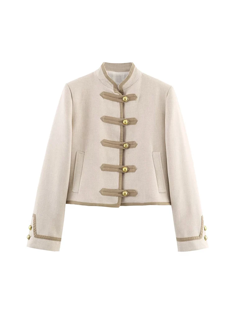 معاطف عصرية بنصف الياقة العالية للنساء أنيقة بأكمام طويلة سترة قصيرة واحدة الصدر لخريف وشتاء 2025 ملابس خارجية نسائية كلاسيكية