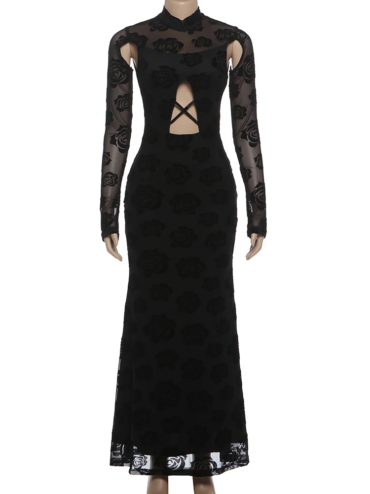 Estranho gato elegante oco vestido feminino apliques retalhos dupla camada meia gola alta noite namoro estiramento magro maxi bodycon